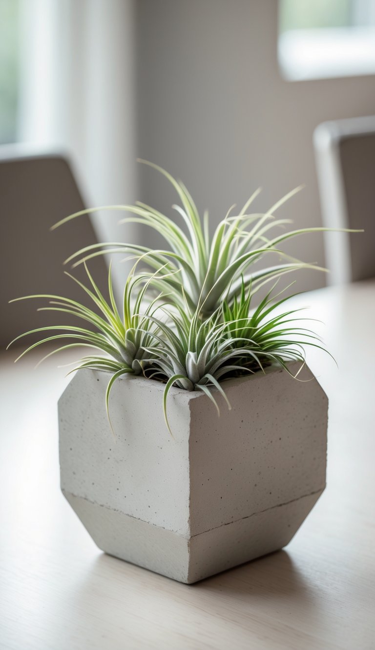 A concrete planter with air plants placed as a centerpiece on a wooden dining table.